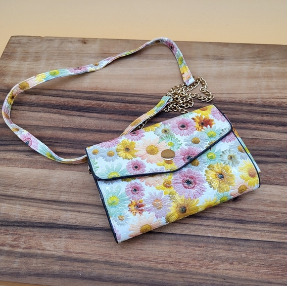Handbags - Floral Crossbody Bag with Gold Chain Strap and Finishes, Snap Closure, Like New